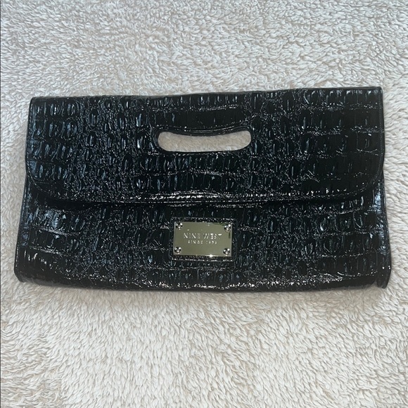 Nine West Handbags - Nine West Black Croc-Embossed Clutch with Metallic Detail